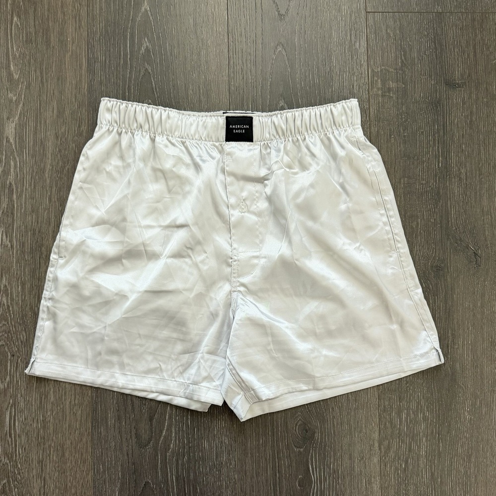 American Eagle NWT Satin Silver Boxer Shorts Small 29-31 Pockets Mcbling Y2K